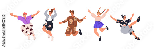 Characters jumping up, set. Happy young people celebrating success, triumph. Active joyful women, men flying with positive energy. Flat graphic vector illustrations isolated on white background