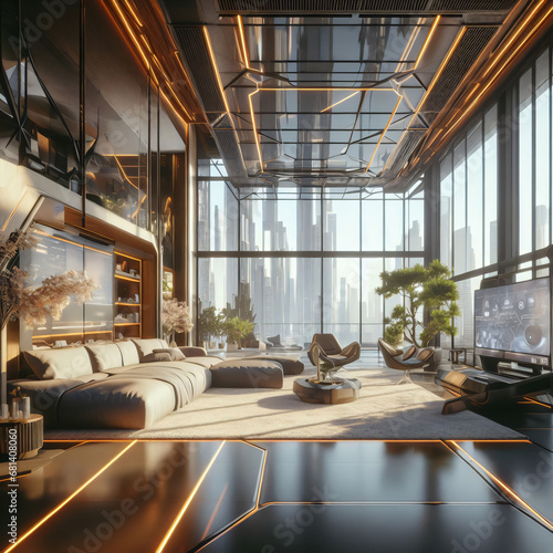 A futuristic living room interior, 3D rendering, high-resolution textures. Generative Ai