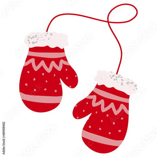 Hand drawn knitted red Christmas mittens isolated on transparent background. PNG