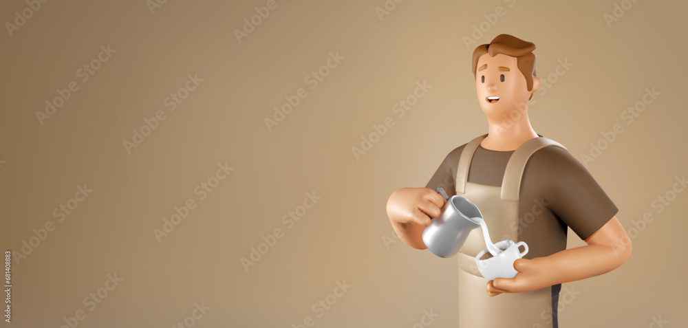 3D Barista Vector Banner. Cartoon Male Character of coffee shop worker on brown background 3D Barista Vector Banner. Cartoon Male Character of coffee shop worker on brown background