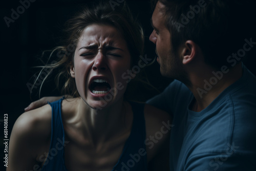 Depressed woman cries tears while her partner hugs her, comforts her.