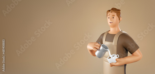 3D Barista Vector Banner. Cartoon Male Character of coffee shop worker on brown background
