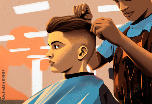 Barber cutting boy's hair, illustration photo