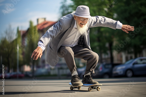 Energetic cheerful elderly man enjoying skateboarding.