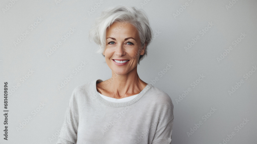 Portrait of happy senior woman looking at camera over grey background. Portrait of happy senior woman looking at camera over grey background.