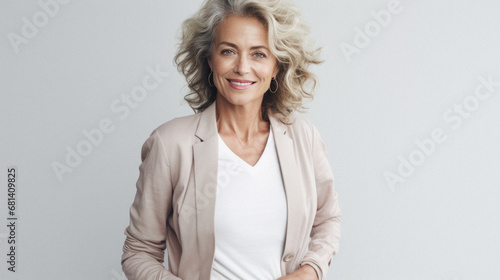 Portrait of smiling senior businesswoman with curly hair isolated on grey.