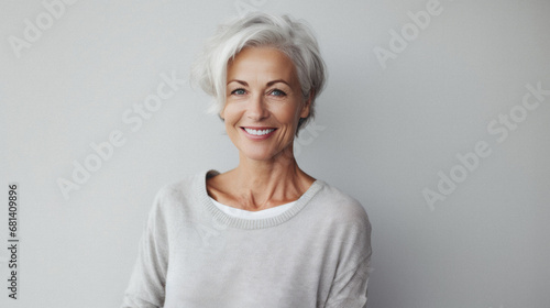 Portrait of happy senior woman looking at camera over grey background.