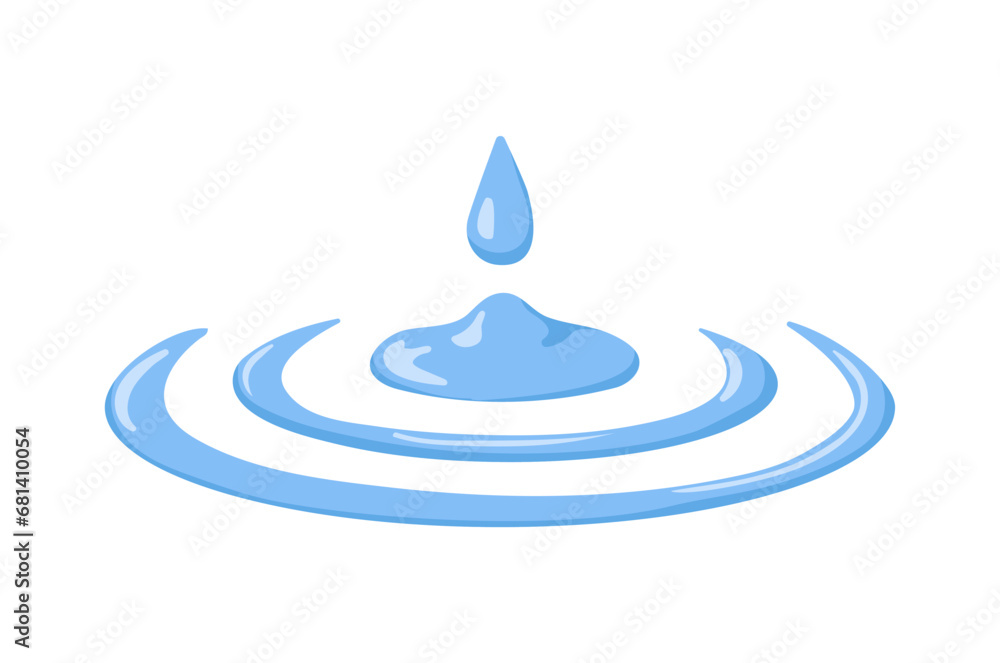 Water drop falling, dripping with circle splashes, blue aqua rings, ripples on surface. Clean pure cool droplet. Fresh waterdrop falls. Flat vector illustration isolated on white background Water drop falling, dripping with circle splashes, blue aqua rings, ripples on surface. Clean pure cool droplet. Fresh waterdrop falls. Flat vector illustration isolated on white background