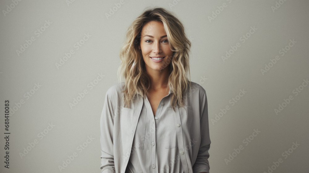 Portrait of a beautiful young woman in a white shirt on a gray background. Portrait of a beautiful young woman in a white shirt on a gray background.