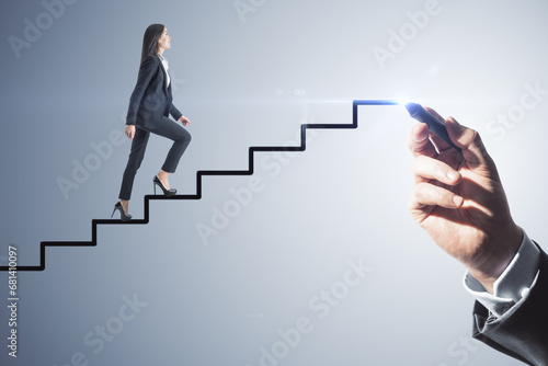 Businesswoman ascending hand drawn stairs, concept of progress and career advancement photo