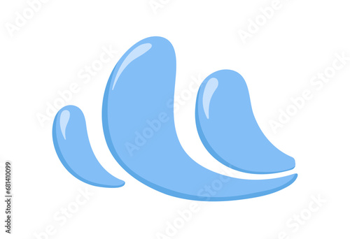Water splash, wave, flow. Clean pure fresh aqua splatter. Drops, waterdrops, blue liquid blobs in motion. Refreshing cold fluid element. Flat vector illustration isolated on white background