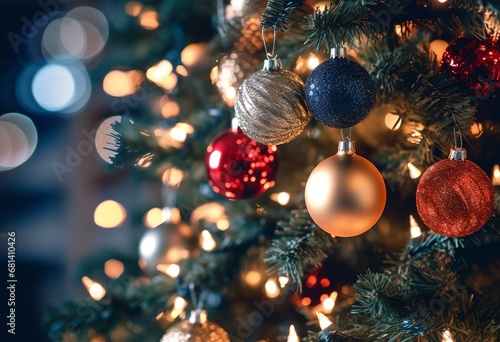 Christmas tree with baubles, festive lights on the background