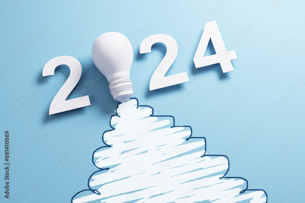Obraz premium Lightbulb with 2024 launch trail on blue background, symbolizing innovation and future aspirations. 3D Rendering
