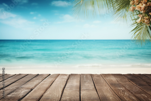 Wood table top or terrace with wooden planks on blue sea water view, summer sky background