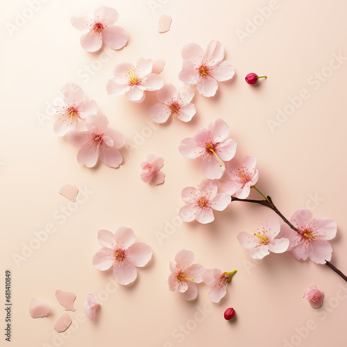 Hanami day celebration with cherry blossoms. Studio photography, close-up, isolated on modern cream background