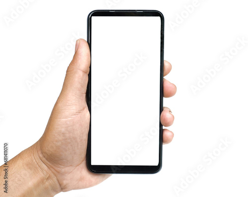 Male hand holding a white screen on a white background. business concept.