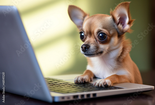 Small dog sitting in front of laptop computer. Ai Generated Images © mohammad
