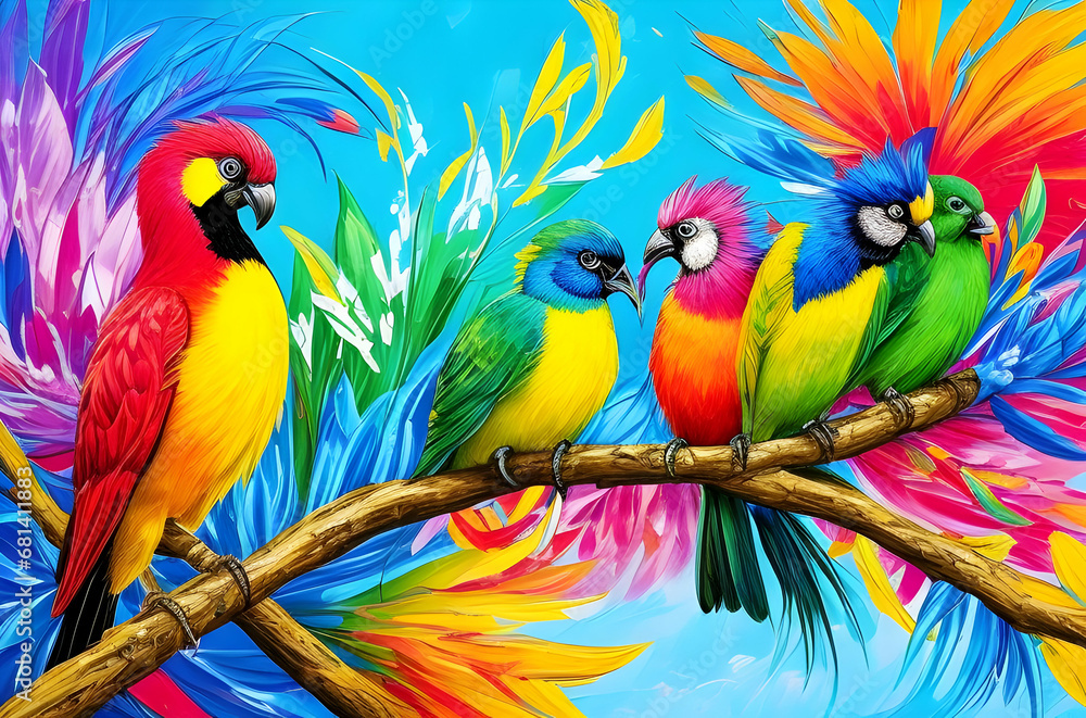 Obraz premium Parrots on a branch oil painting for wall art