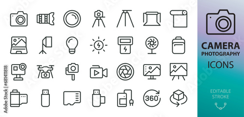 Camera and photography isolated icons set. Set of camera lens, tripod, studio backdrop roll, lights stand, studio fan, memory card, action camera, stabilizer, 360 degrees panorama vector icon