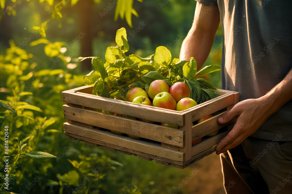 Fototapeta premium farmer picking ripe organic apples in wooden crate in orchard or on farm. harvest concept