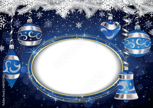 Blue Christmas Background with Hanging Christmas Decorations
and an Oval Plac...