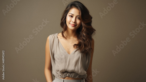 Portrait of beautiful young asian woman in grey dress on gray background.