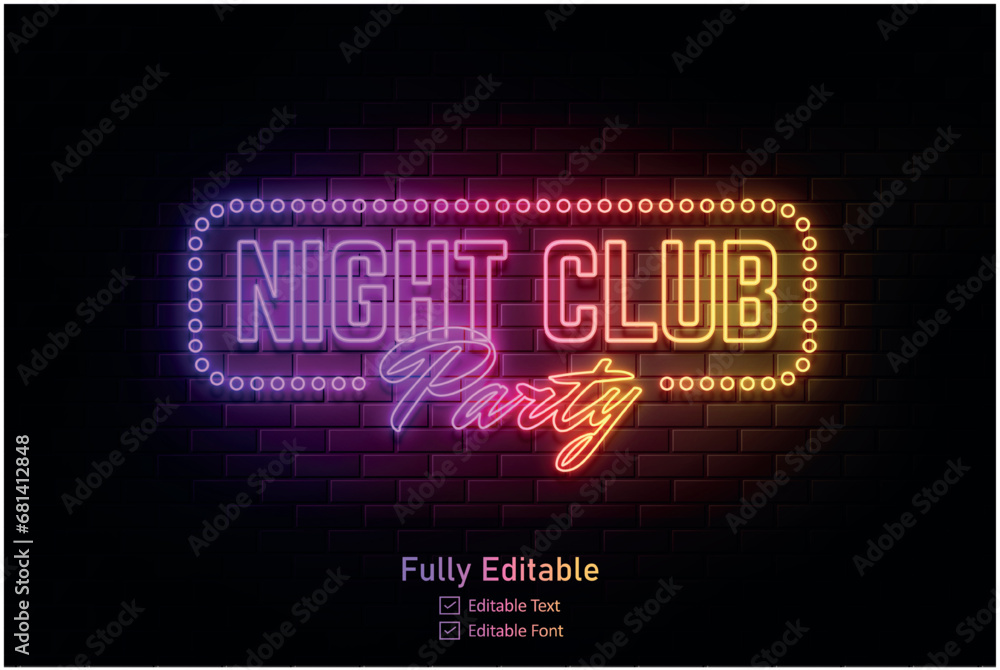 Vector neon effect light night party editable text effect and night club logo for neon text effect	