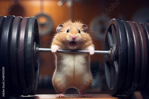 Hamster roborovski standing in front of a barbell. Fitness or healthy lifestyle concept © hdesert