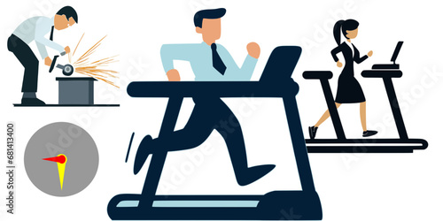 Office workers running on treadmill with another worker grinding something.  Flat style vector illustration representation of the daily grind.