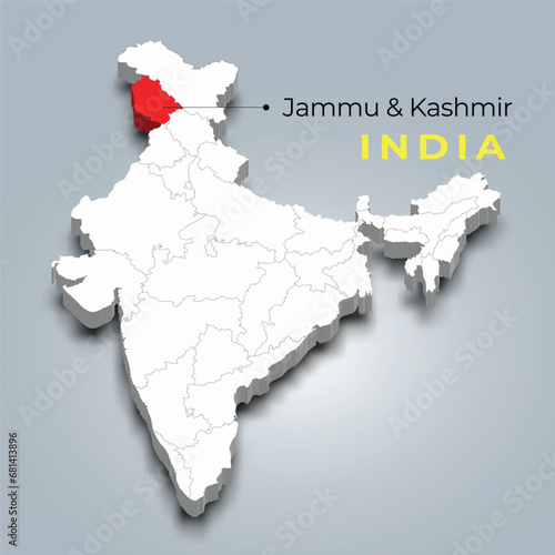 Jammu & Kashmir map location in Indian 3d isometric map. Jammu & Kashmir map vector illustration