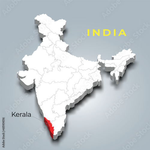 Kerala state map location in Indian 3d isometric map. Kerala map vector illustration
