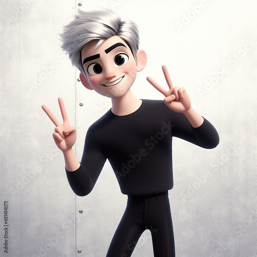 3d illustration of a white-haired man with 2 fingers pose photo