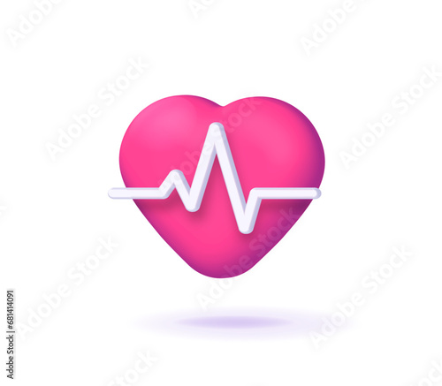 Heartbeat 3d icon vector render graphic, heart beat symbol cartoon red isolated on white background image clipart modern design, electrocardiogram pulse medical sign, ekg blood pressure element