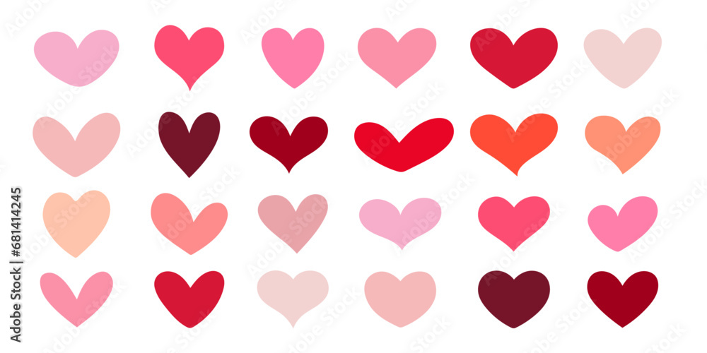 Collection of hearts of different shapes in retro boho colors. Valentines day icons. Hearts template.