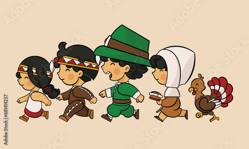A group of Children Wearing Thanksgiving costumes walking together