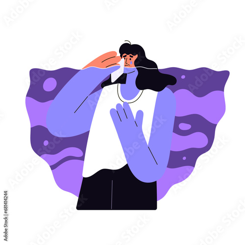 People with depression. Sad woman drown in tears. Upset girl cry, weeping about feelings. Female despair, sorrow in loneliness. Person with mental disorder. Flat isolated vector illustration on white