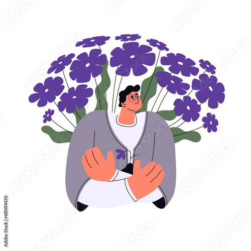 Sad man care about flower, sprout. Vulnerable person with anxiety, poor self esteem. Lonely people with inner fear. Mental disorder, psychological problem. Depression flat isolated vector illustration