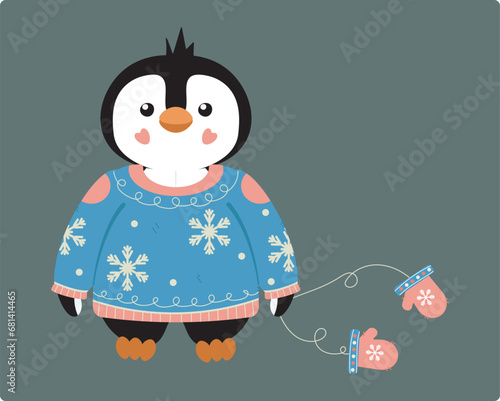 Vector flat illustration. Cute penguin in a winter blue sweater with mittens on grey background. Arctic animals. Kids vector penguin.