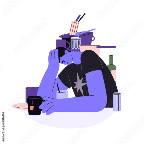 Sad man in depression sit in mess. Tired person with dirty dishes. Character with head on hands in apathy. People despair about problems. Mental disorders. Flat isolated vector illustration on white