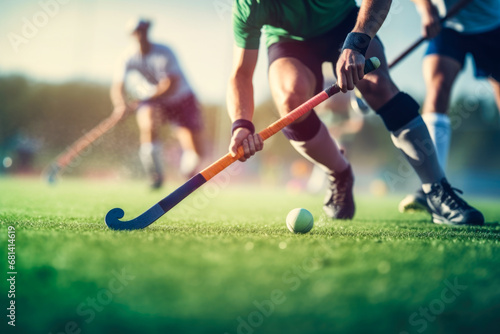 Close-up of hockey stick and ball in field hockey game. The concept is sports action. photo