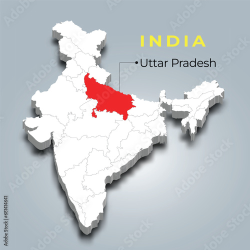 Uttar Pradesh map location in Indian 3d isometric map. Uttar Pradesh map vector illustration