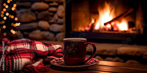 An inviting holiday background set in a cozy cabin with a warm fireplace, snow outside, and a cup of hot cocoa.