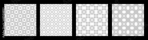 Set of four abstract seamless patterns with repeating geometric rhombuses, lattice backgrounds. Linear patterns. Geometric lattices. Black and white background.