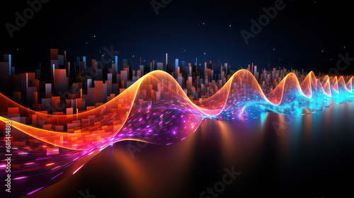 photo 3d render of a modern background with flowing cyber dots. Neon background. Data visualization dynamic wave pattern. curve wallpaper.