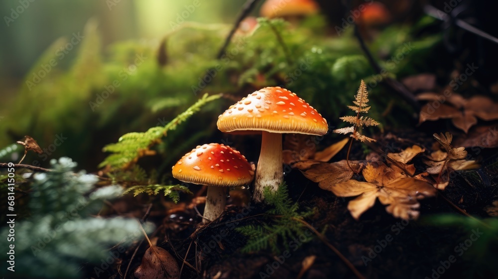 Mushrooms in the autumn forest after the rain close-up Mushrooms in the autumn forest after the rain close-up