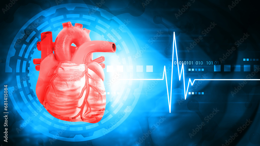 Human heart anatomy with ecg graph on abstract scientific background ...