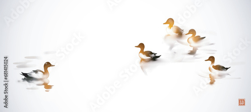 Traditional Sumi-e ink painting of a flock of ducks swimming in water, depicted in a minimalist style on a white background. Hieroglyph - double luck.