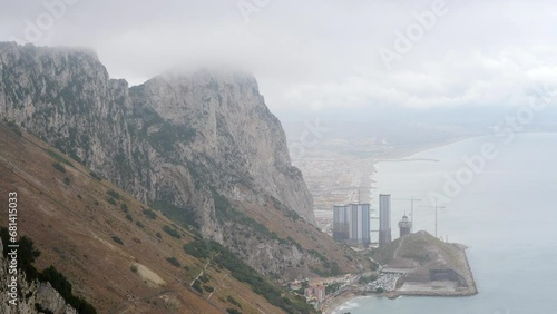 Foggy Rock Of Gibraltar From Mediterranean Steps. Upper Rock Nature Reserve, Gibraltar. static aerial