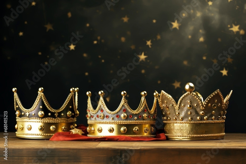 THREE GOLD CROWNS ON A RED CLOTH.