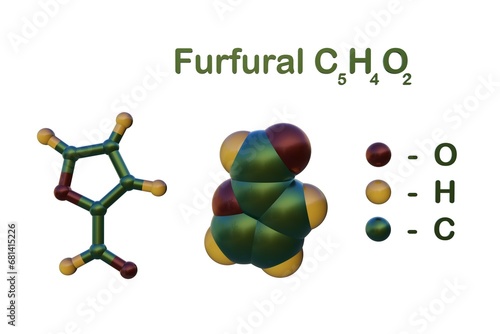 Structural chemical formula and molecular models of furfural, an aldehyde of furan and important organic compound, isolated on white background. 3d illustration